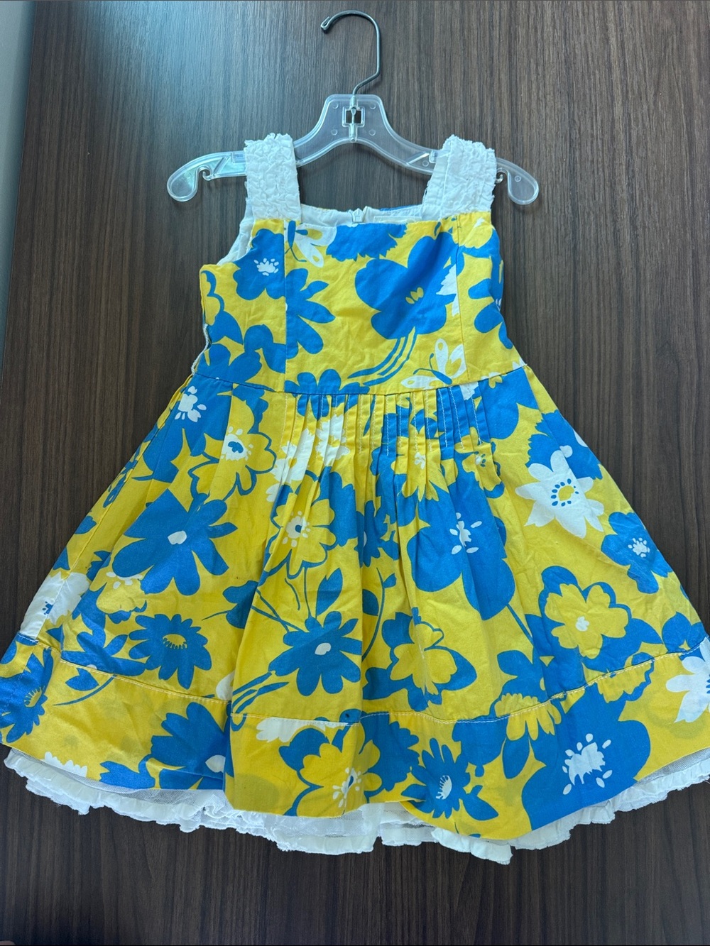The Children's Place Yellow Dress with Blue Floral and White Lace Straps 3T